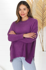 Sammy Jumper - Crew Neck Ribbed Shark Bite Hemline Jumper in Purple