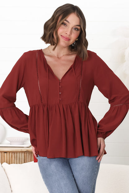 Alexia Top -  V Neck Smock Top with Crochet Insert Details in Rust