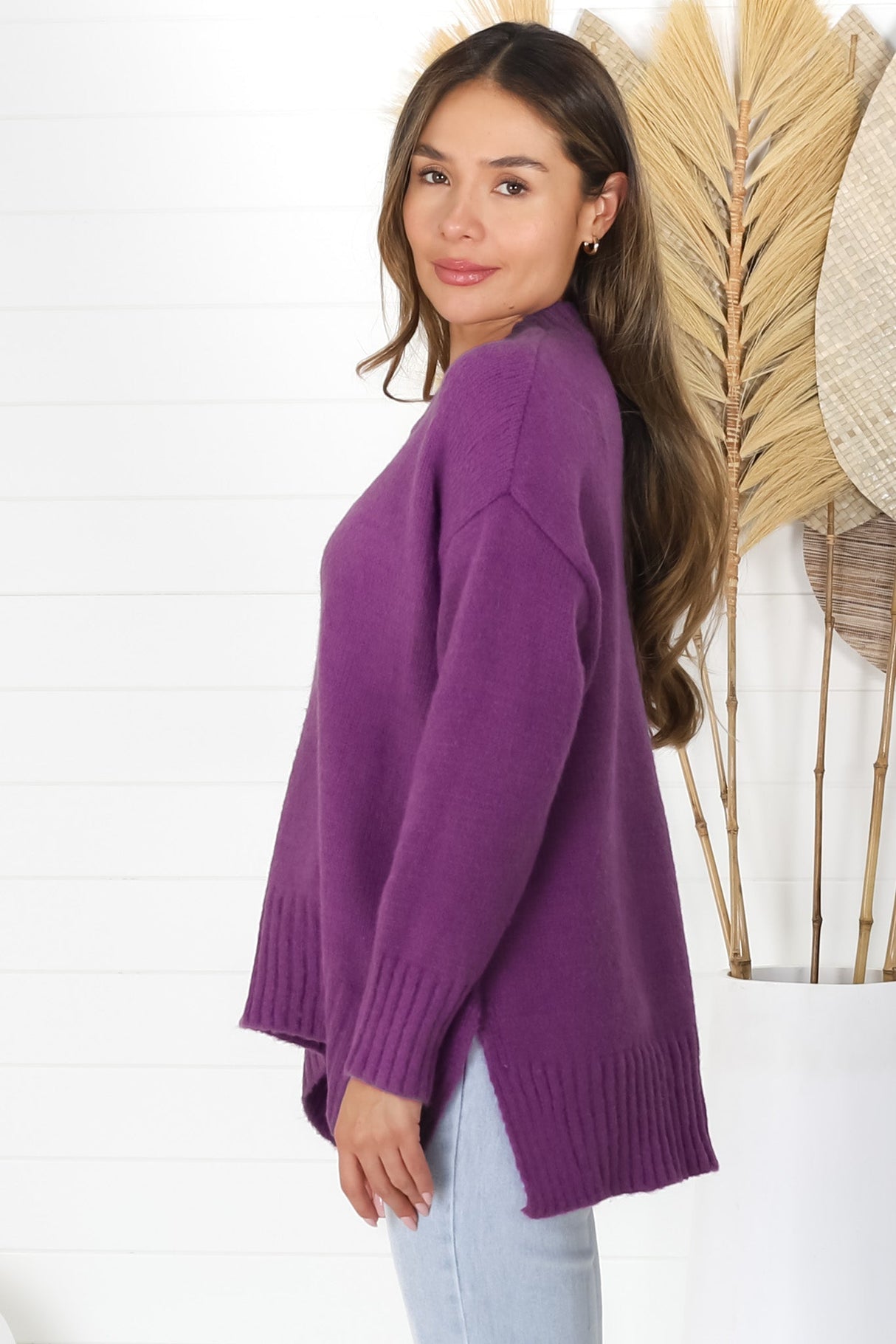 Sammy Jumper - Crew Neck Ribbed Shark Bite Hemline Jumper in Purple