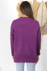 Sammy Jumper - Crew Neck Ribbed Shark Bite Hemline Jumper in Purple