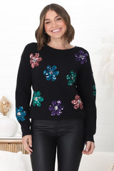 Ariana Jumper - Sequin Flower Decal Crew Neck Jumper in Black