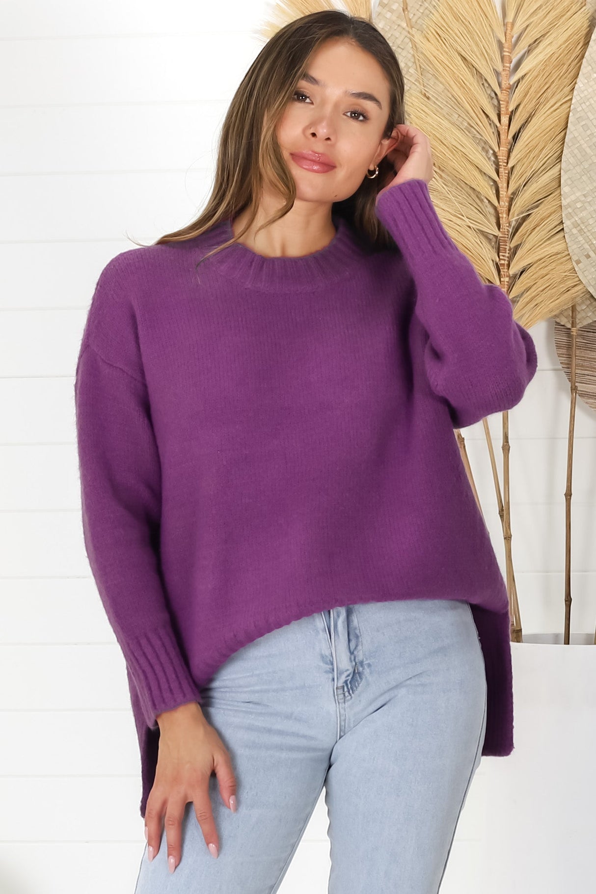 Sammy Jumper - Crew Neck Ribbed Shark Bite Hemline Jumper in Purple