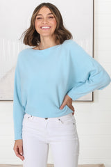 Havanah Knit Top - Boat Neckline Ribbed Top in Light Blue