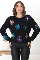 Ariana Jumper - Sequin Flower Decal Crew Neck Jumper in Black