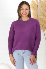 Sammy Jumper - Crew Neck Ribbed Shark Bite Hemline Jumper in Purple