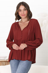 Alexia Top -  V Neck Smock Top with Crochet Insert Details in Rust