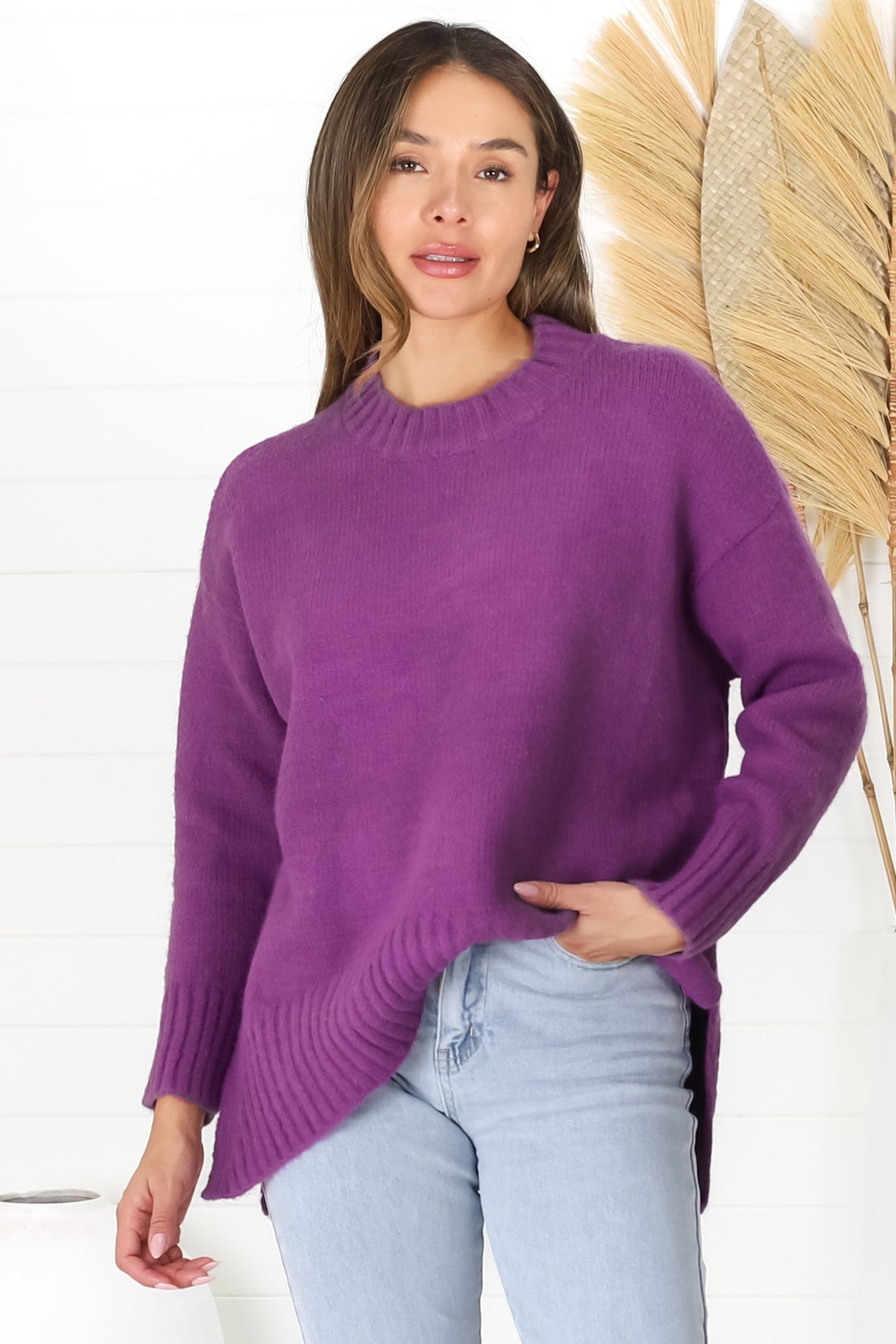 Sammy Jumper - Crew Neck Ribbed Shark Bite Hemline Jumper in Purple