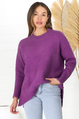 Sammy Jumper - Crew Neck Ribbed Shark Bite Hemline Jumper in Purple