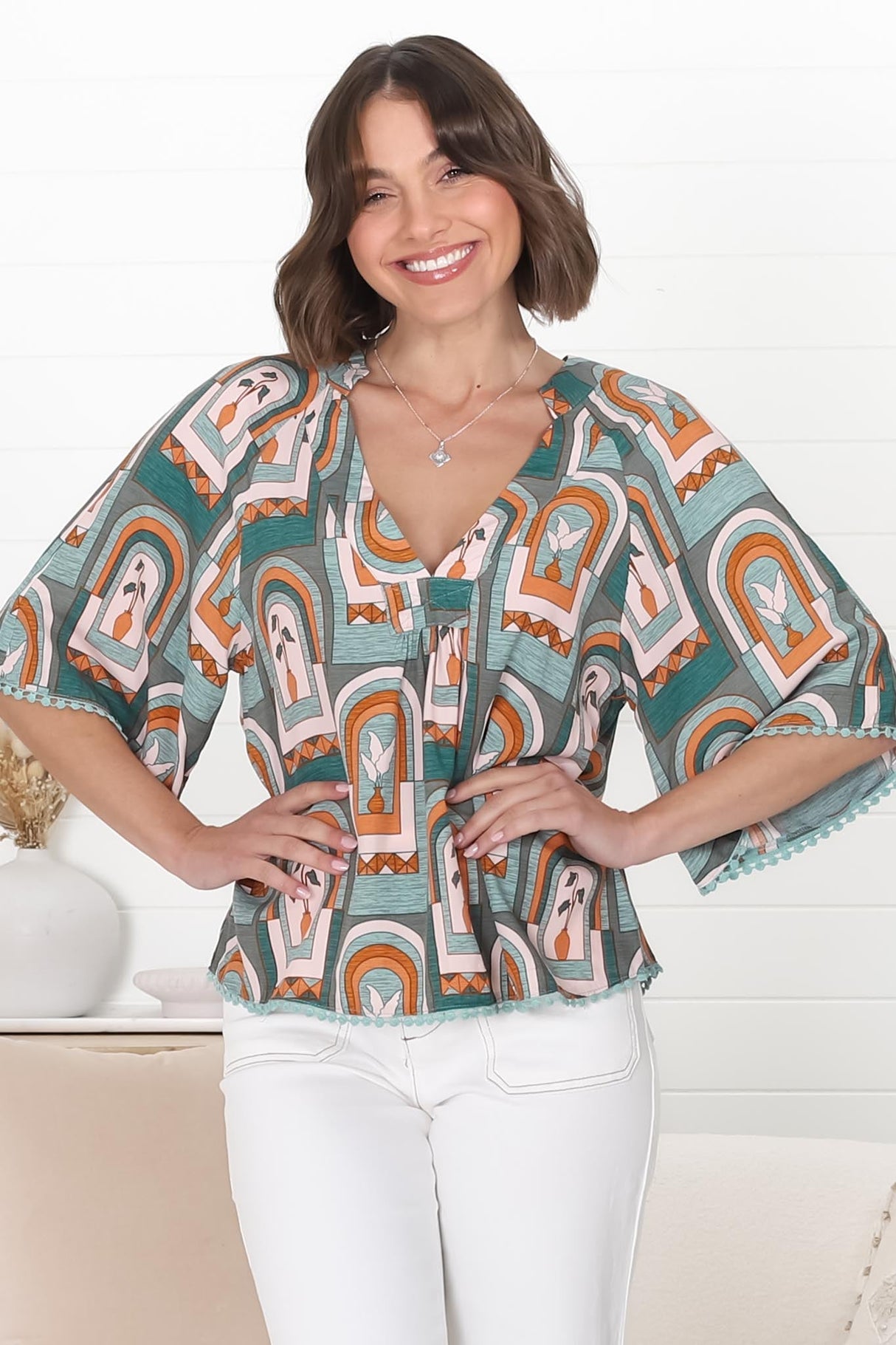 JAASE - Gabriella Top: Mandarin Collar Deep V Neck Crochet Trim Top in Emerald Arches Print