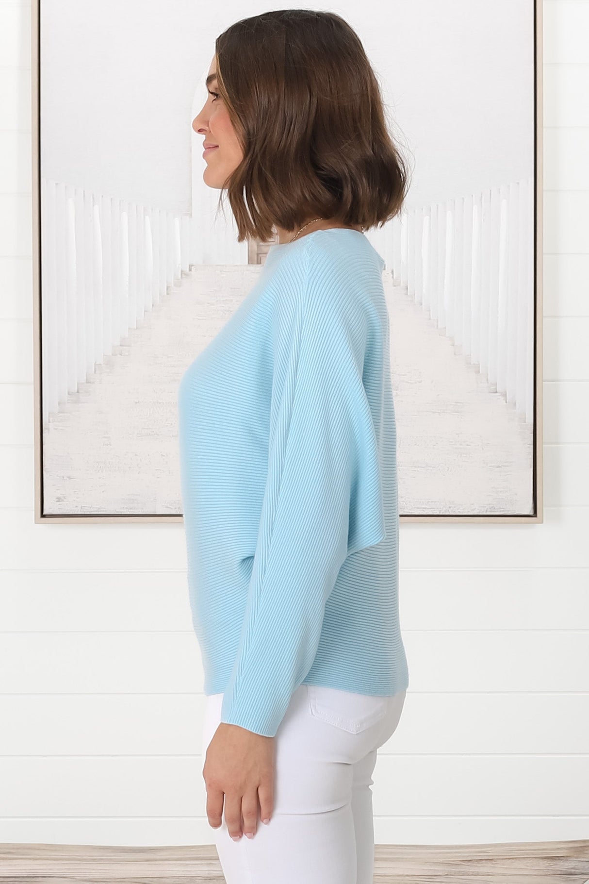 Havanah Knit Top - Boat Neckline Ribbed Top in Light Blue