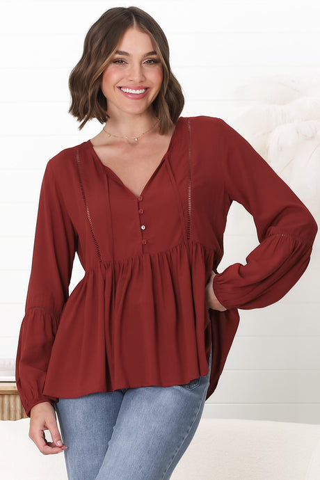 Alexia Top -  V Neck Smock Top with Crochet Insert Details in Rust