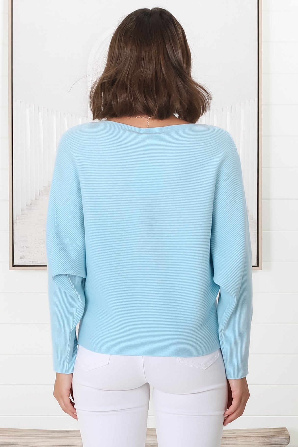 Havanah Knit Top - Boat Neckline Ribbed Top in Light Blue