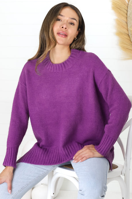 Sammy Jumper - Crew Neck Ribbed Shark Bite Hemline Jumper in Purple