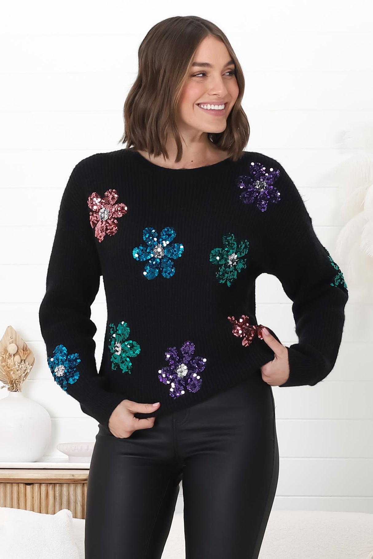 Ariana Jumper - Sequin Flower Decal Crew Neck Jumper in Black