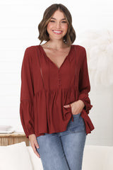 Alexia Top -  V Neck Smock Top with Crochet Insert Details in Rust