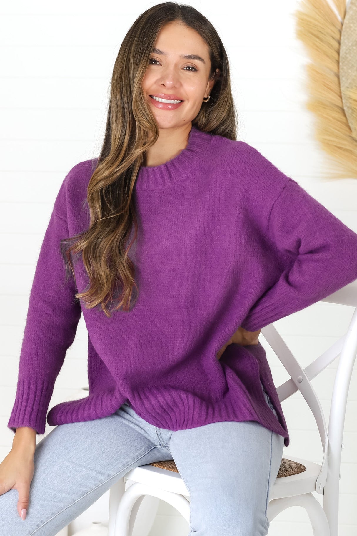 Sammy Jumper - Crew Neck Ribbed Shark Bite Hemline Jumper in Purple