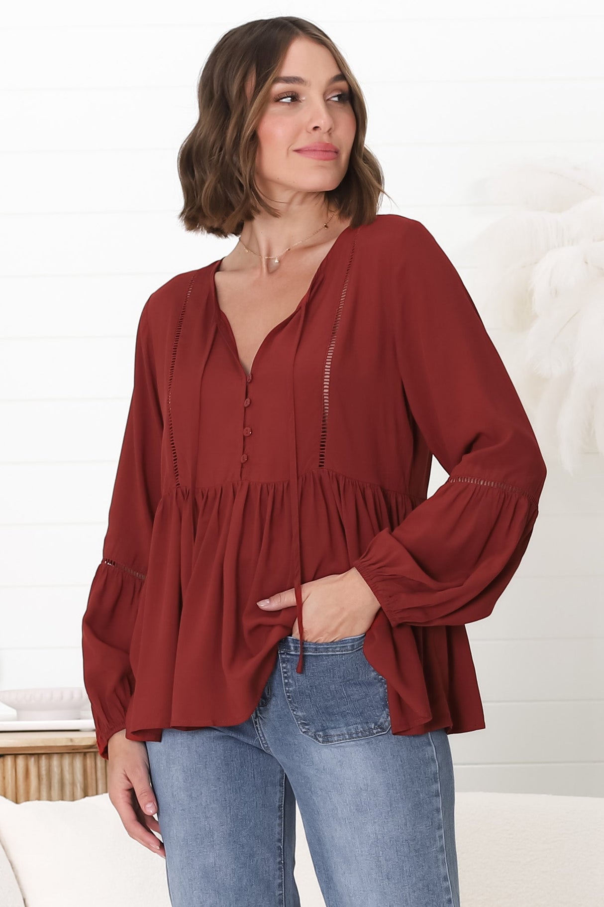 Alexia Top -  V Neck Smock Top with Crochet Insert Details in Rust