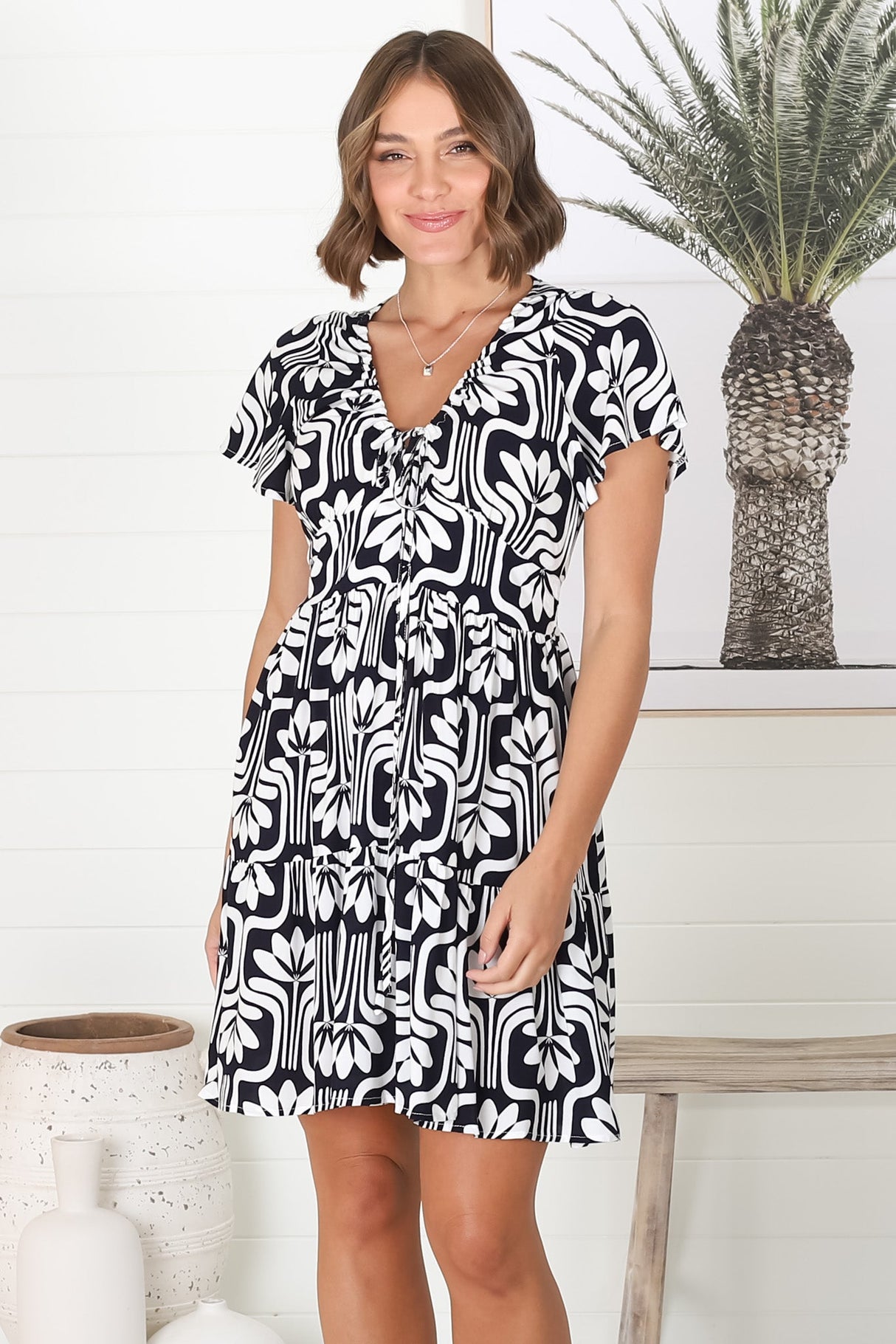 Lilly Mini Dress - Adjustable V Neckline Dress with Cap Sleeves in Luvira Print Navy