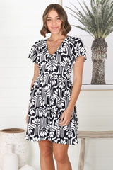 Lilly Mini Dress - Adjustable V Neckline Dress with Cap Sleeves in Luvira Print Navy