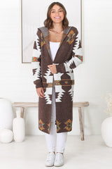 Quest Cardigan - Hooded Long Line Graphic Cardigan in Brown