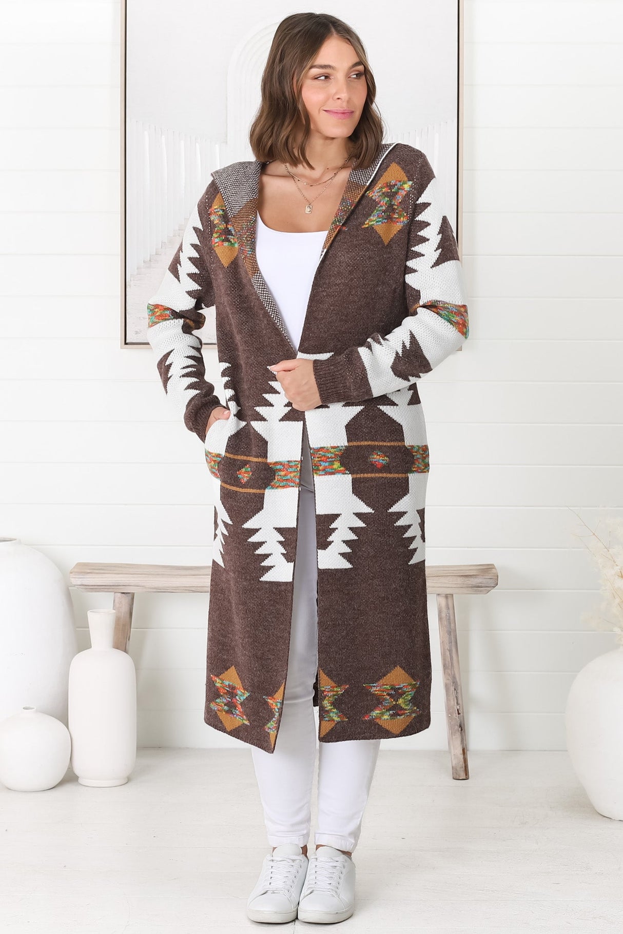 Quest Cardigan - Hooded Long Line Graphic Cardigan in Brown