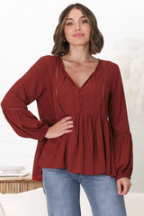 Alexia Top -  V Neck Smock Top with Crochet Insert Details in Rust