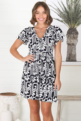 Lilly Mini Dress - Adjustable V Neckline Dress with Cap Sleeves in Luvira Print Navy