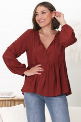 Alexia Top -  V Neck Smock Top with Crochet Insert Details in Rust