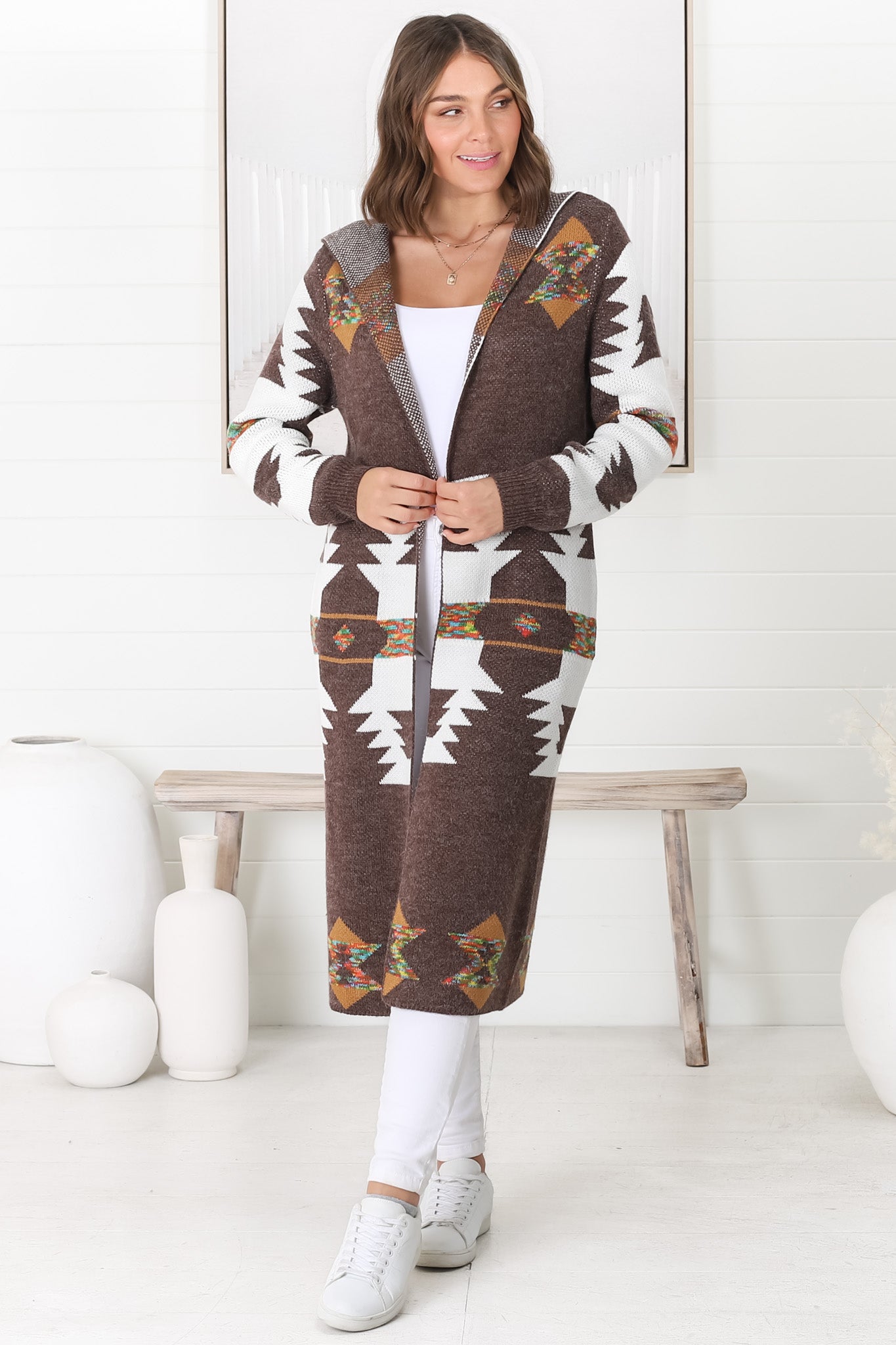 Quest Cardigan - Hooded Long Line Graphic Cardigan in Brown