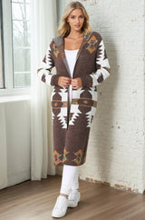 Quest Cardigan - Hooded Long Line Graphic Cardigan in Brown