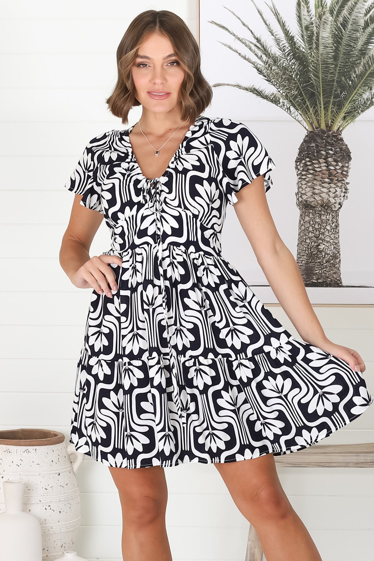 Lilly Mini Dress - Adjustable V Neckline Dress with Cap Sleeves in Luvira Print Navy