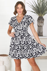 Lilly Mini Dress - Adjustable V Neckline Dress with Cap Sleeves in Luvira Print Navy