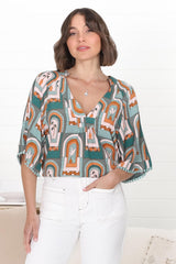 JAASE - Gabriella Top: Mandarin Collar Deep V Neck Crochet Trim Top in Emerald Arches Print