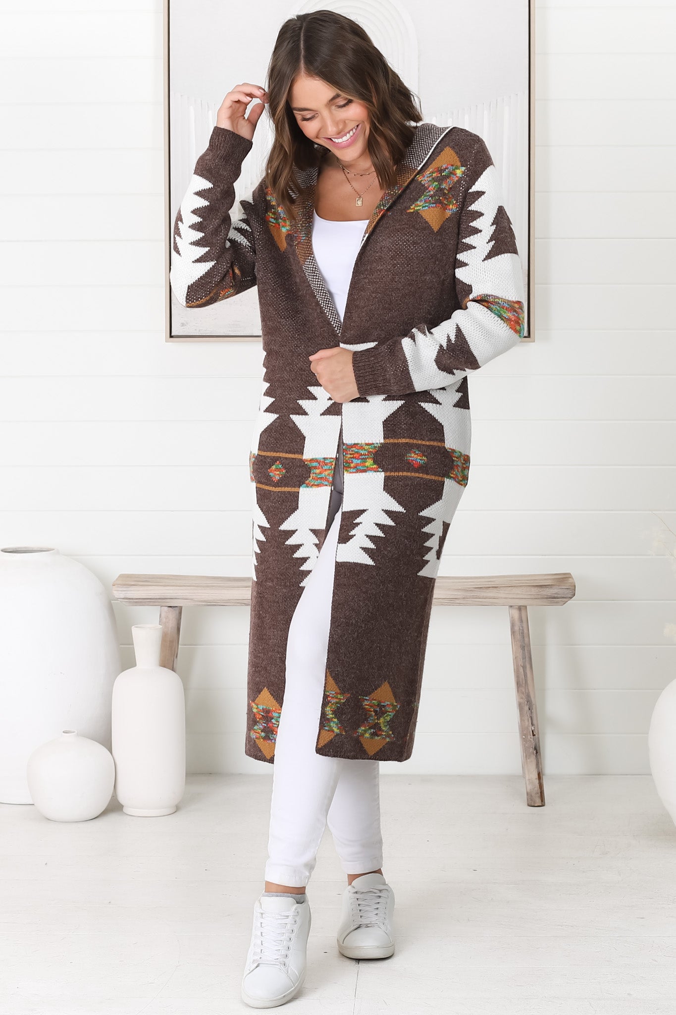 Quest Cardigan - Hooded Long Line Graphic Cardigan in Brown