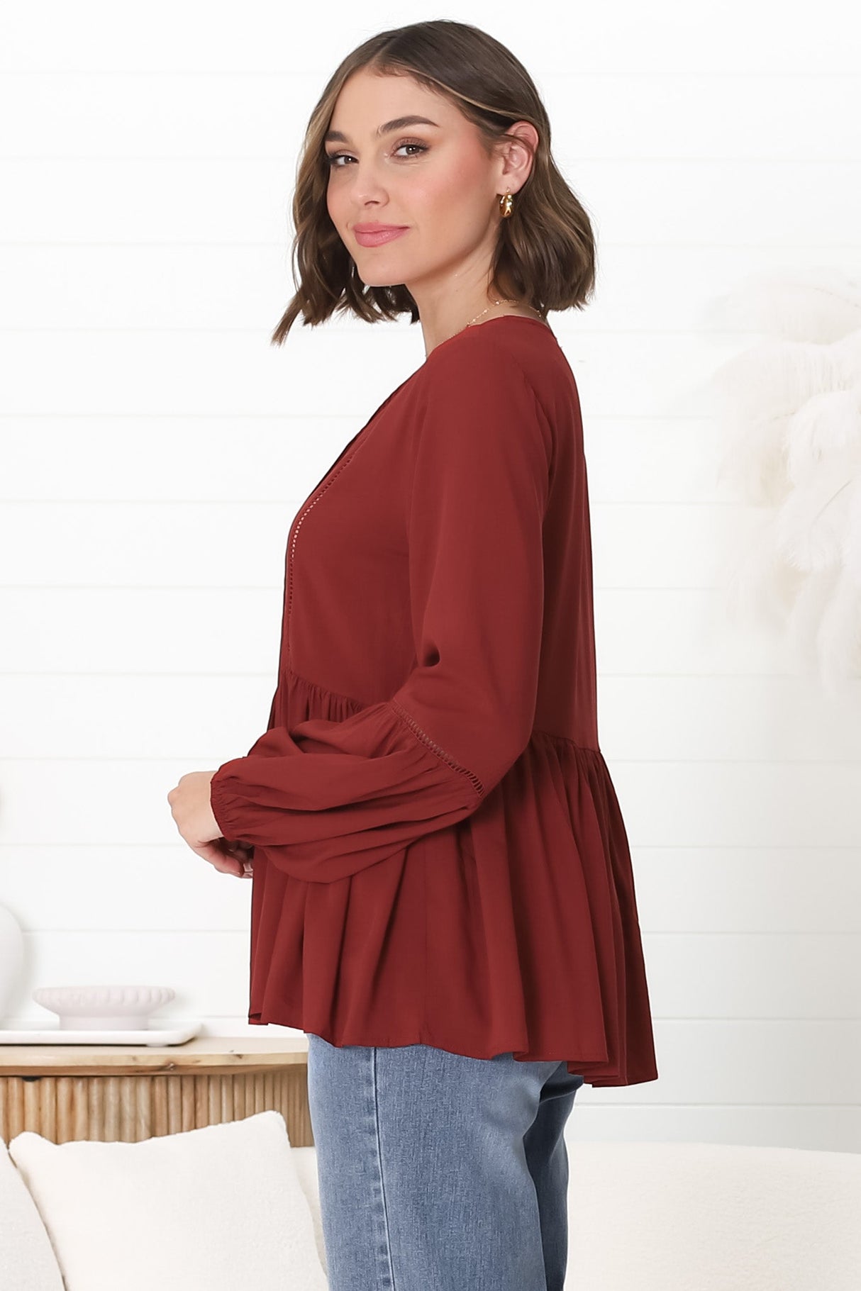 Alexia Top -  V Neck Smock Top with Crochet Insert Details in Rust