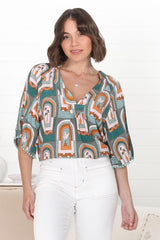 JAASE - Gabriella Top: Mandarin Collar Deep V Neck Crochet Trim Top in Emerald Arches Print