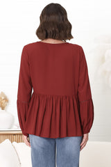 Alexia Top -  V Neck Smock Top with Crochet Insert Details in Rust