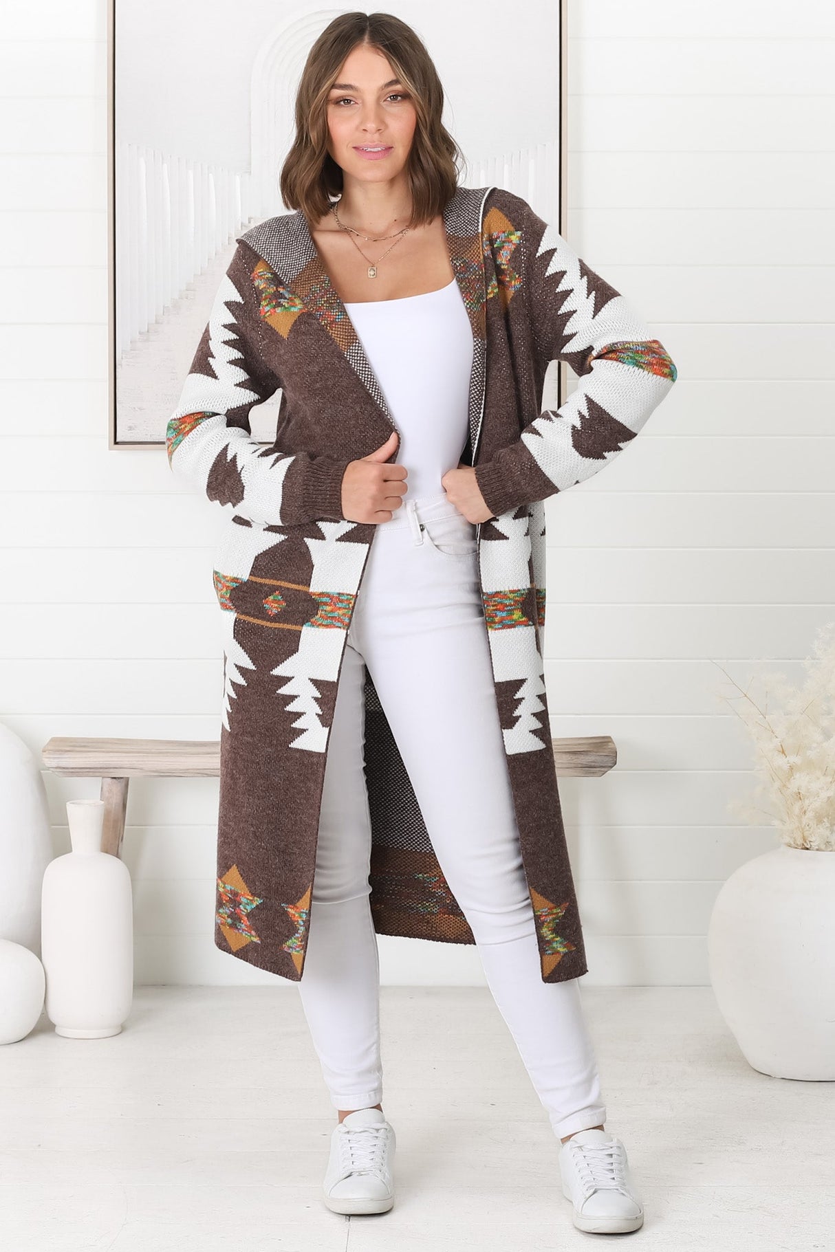 Quest Cardigan - Hooded Long Line Graphic Cardigan in Brown