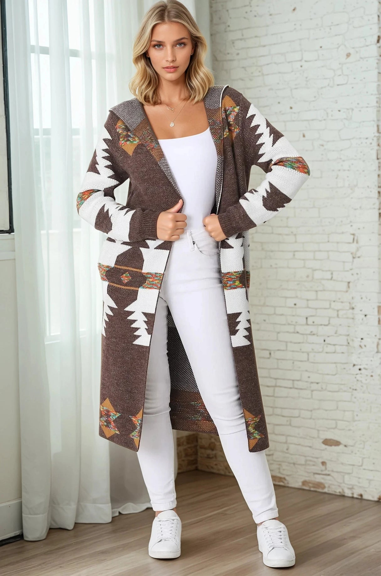 Quest Cardigan - Hooded Long Line Graphic Cardigan in Brown