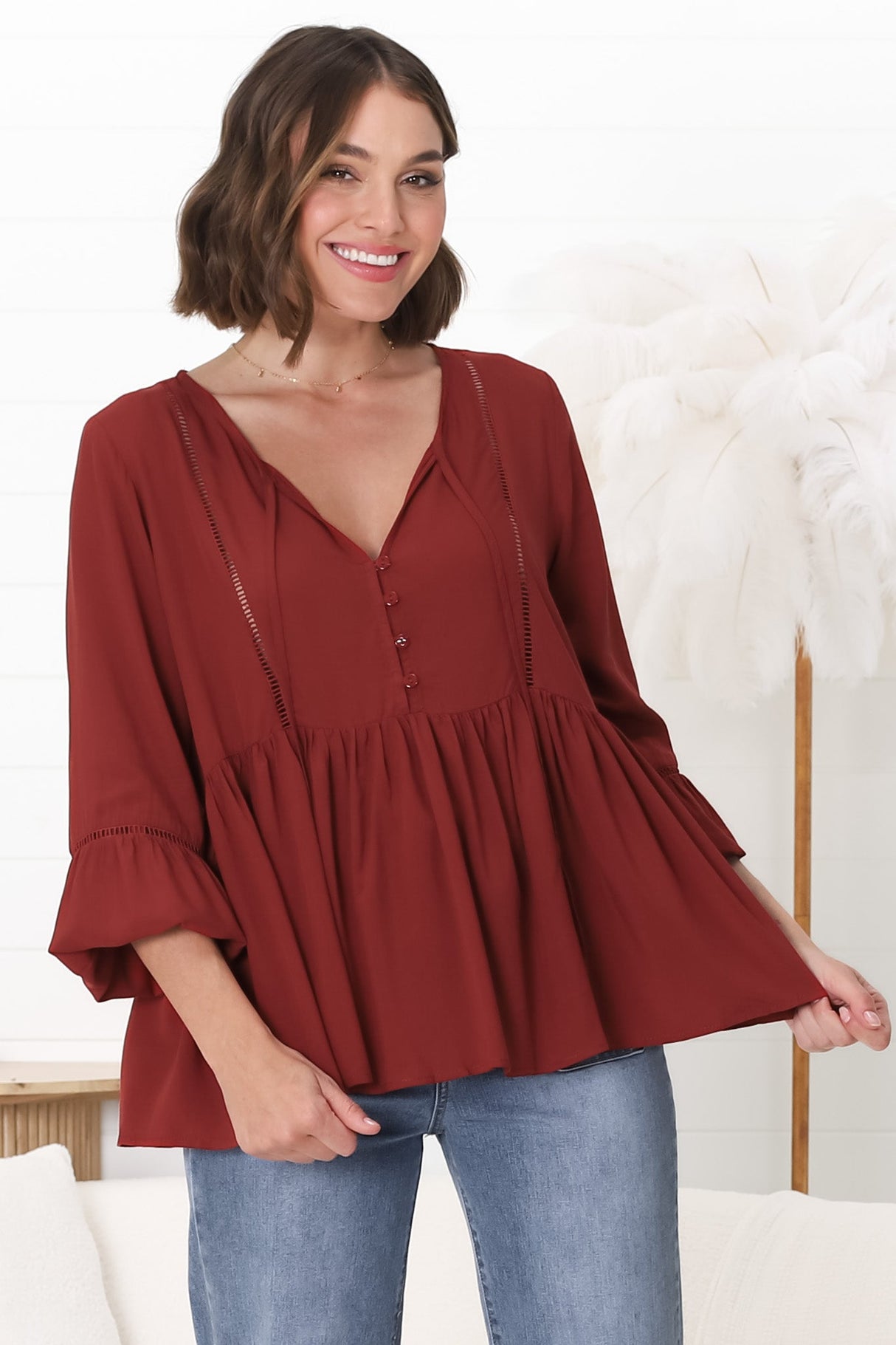 Alexia Top -  V Neck Smock Top with Crochet Insert Details in Rust