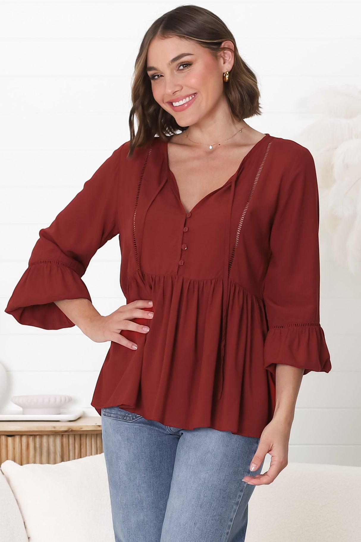 Alexia Top -  V Neck Smock Top with Crochet Insert Details in Rust