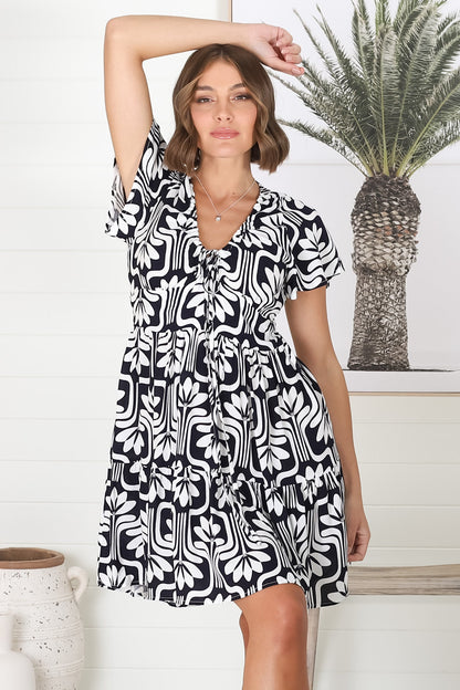 Lilly Mini Dress - Adjustable V Neckline Dress with Cap Sleeves in Luvira Print Navy