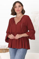 Alexia Top -  V Neck Smock Top with Crochet Insert Details in Rust