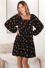 Aria Mini Dress - Milkmaid Neckline Long Sleeve Tiered Dress in Mahony Print