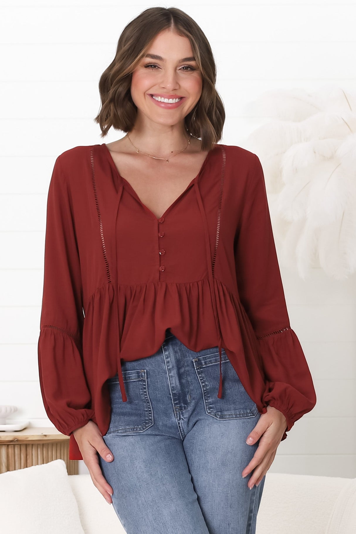 Alexia Top -  V Neck Smock Top with Crochet Insert Details in Rust