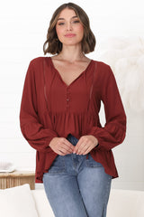 Alexia Top -  V Neck Smock Top with Crochet Insert Details in Rust