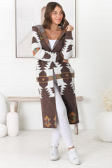 Quest Cardigan - Hooded Long Line Graphic Cardigan in Brown