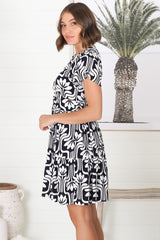 Lilly Mini Dress - Adjustable V Neckline Dress with Cap Sleeves in Luvira Print Navy