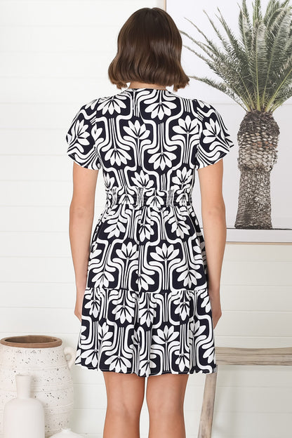 Lilly Mini Dress - Adjustable V Neckline Dress with Cap Sleeves in Luvira Print Navy