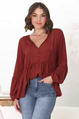 Alexia Top -  V Neck Smock Top with Crochet Insert Details in Rust